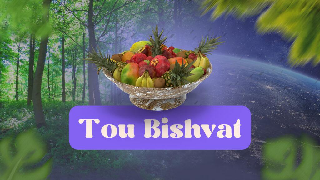 Panier de fruit en avant avec arbre en fond