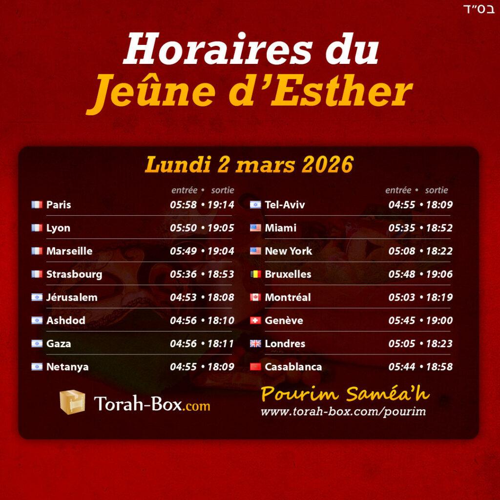 Horaire du jeune d'Esther Torah Box