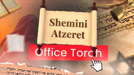 Miniature Youtube TMPI El Bethel représentant un rouleau de la Torah avec le nom de la parasha Terouma dessus en premier plan, puis un talith, une coupe de vin en second plan shemini atzeret